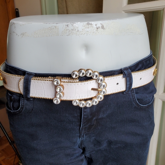 Vintage 90s Boho Styled Rhinestone Snakeskin Belt with large Buckle - Picture 1 of 5